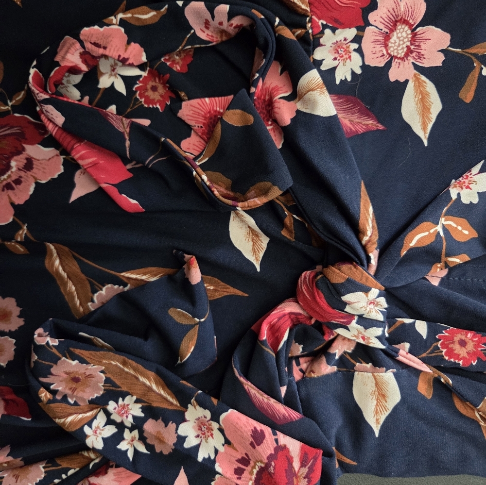 NWT-London Times Navy/Red Floral Elbow Sleeve Side Tie Fit & Flare Midi Dress-14 - Picture 13 of 16